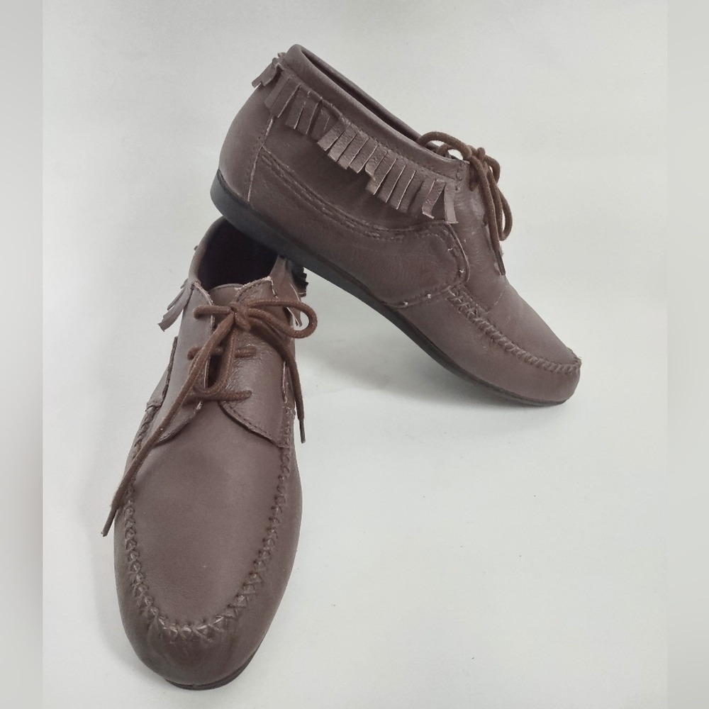 Ankle Boots Moccasin Shoes‎ 8.5 Fringe Leather Brown Lace-up Vintage Hard Sole